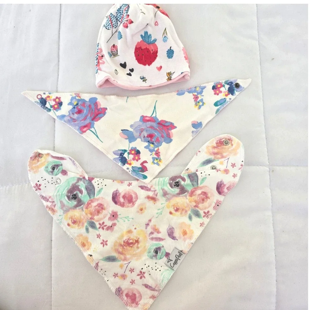 Copper‎ Pearl Baby Hat and Bib Set Floral Strawberry Print Cotton Blend
